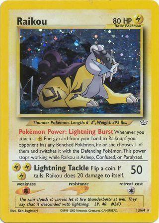 Raikou (13/64) [Neo Revelation Unlimited] holographic card featuring Lightning Power and skills.