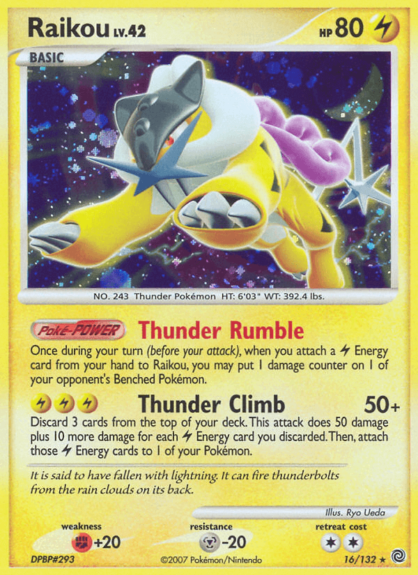 Raikou (16/132) [Diamond & Pearl: Secret Wonders] featuring Thunder Rumble and Thunder Climb abilities in a holo rare design.