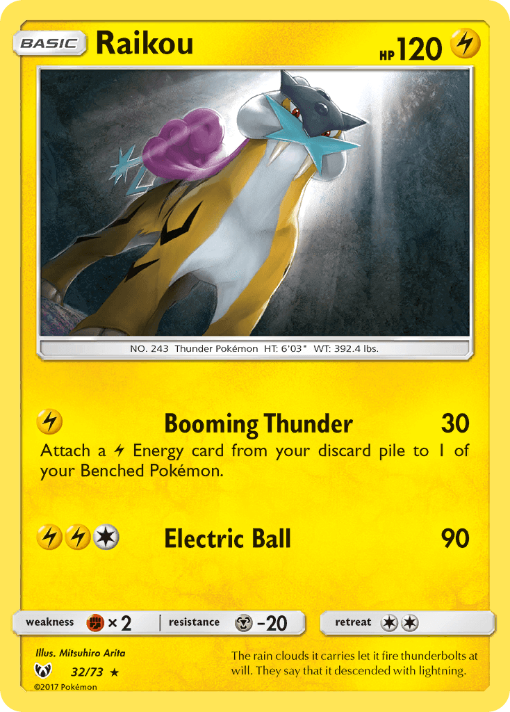 Raikou (32/73) [Sun & Moon: Shining Legends] holographic card featuring Booming Thunder and Electric Ball attacks.
