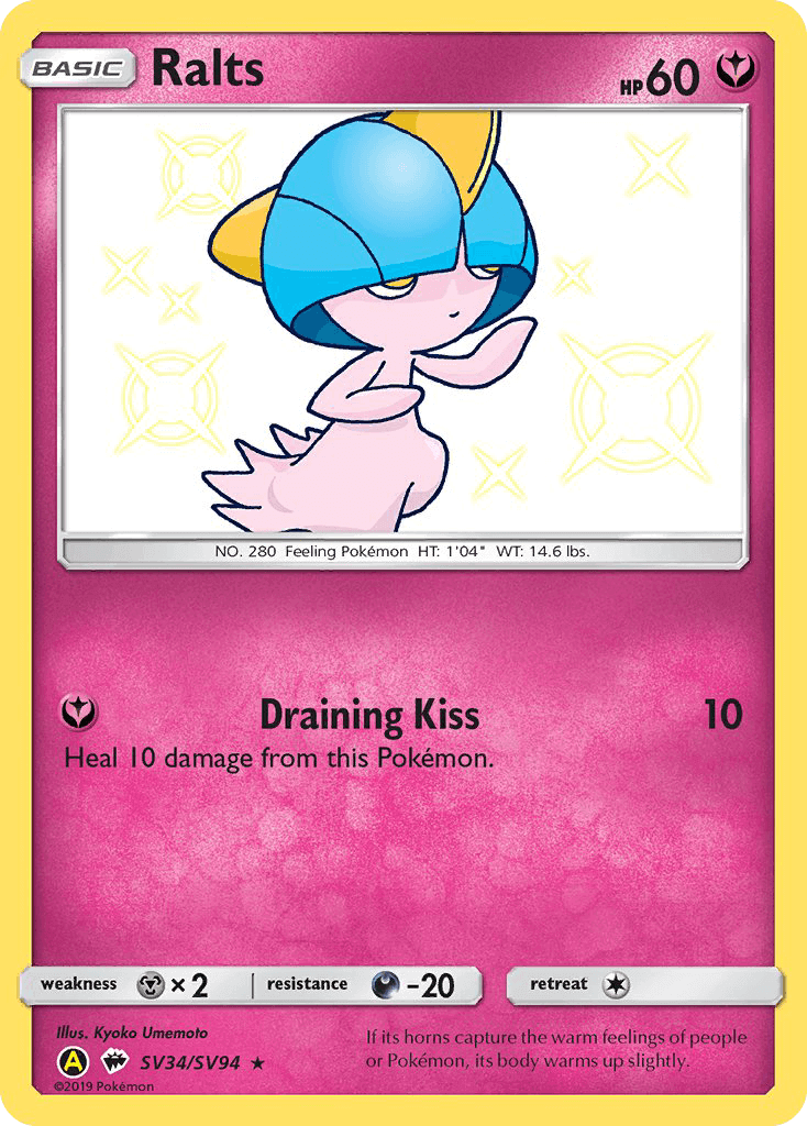Ralts (SV34/SV94) [Sun & Moon: Hidden Fates - Shiny Vault] card featuring Draining Kiss ability.