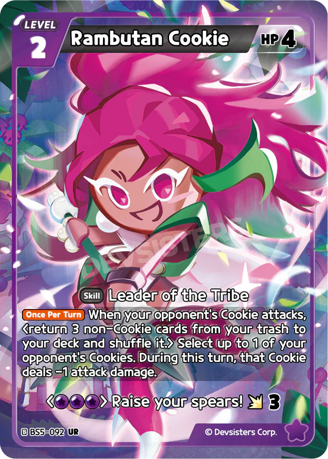 Rambutan Cookie BS5-092 UR | Ultra Rare Card featuring Leader of the Tribe skill and vibrant artwork.