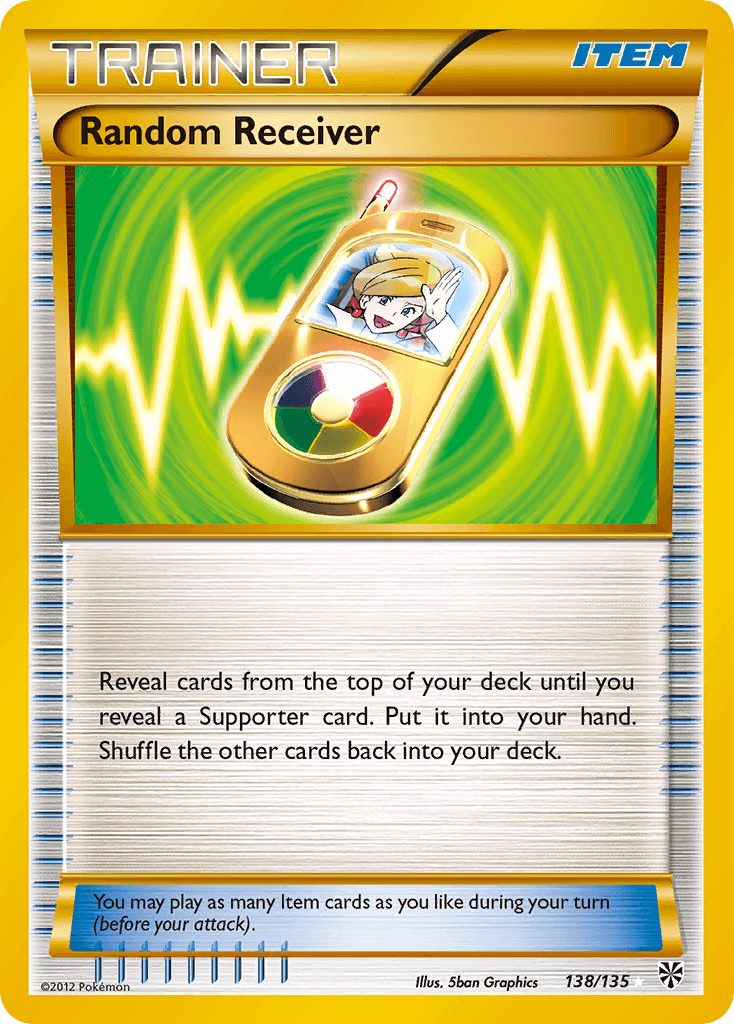 Random Receiver (138/135) [Black & White: Plasma Storm] card featuring a trainer item with gameplay instructions.