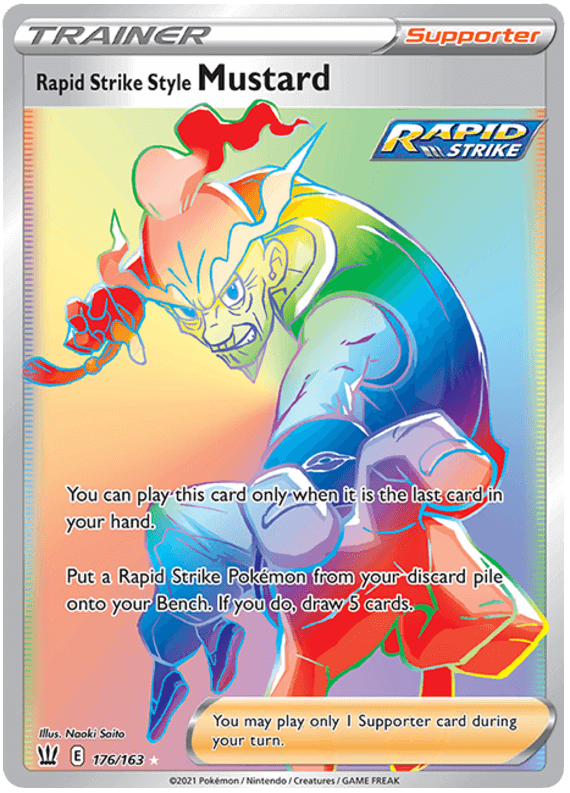 Rapid Strike Style Mustard (176/163) [Sword & Shield: Battle Styles] card featuring vibrant artwork and game instructions.