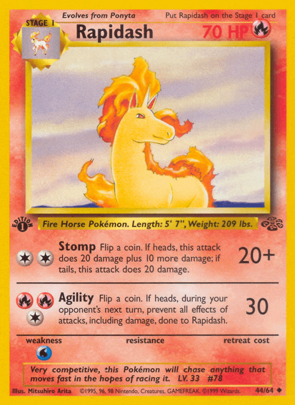 Rapidash (44/64) [Jungle 1st Edition] card featuring fire-type Pokémon with abilities Stomp and Agility.