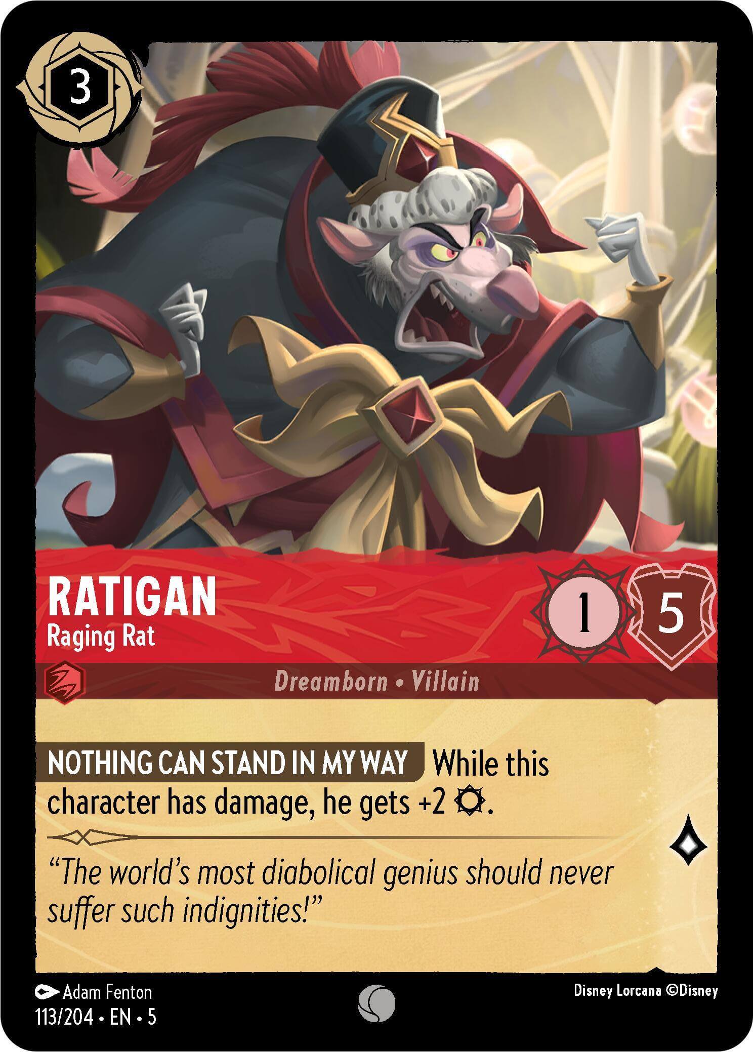 Ratigan - Raging Rat (113/204) [Shimmering Skies] card showcasing the villain character with flavor text.