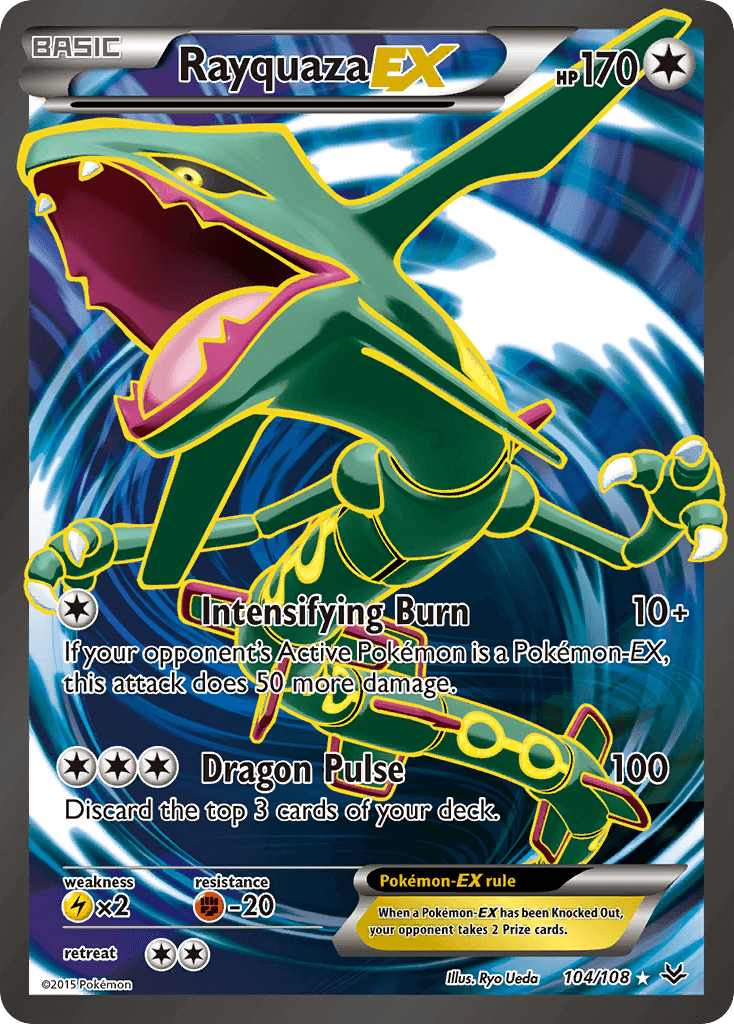 Rayquaza EX (104/108) [XY: Roaring Skies] card featuring Intensifying Burn and Dragon Pulse attacks.