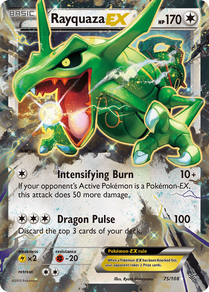 Rayquaza EX (75/108) [XY: Roaring Skies] card showcasing Intensifying Burn and Dragon Pulse abilities.