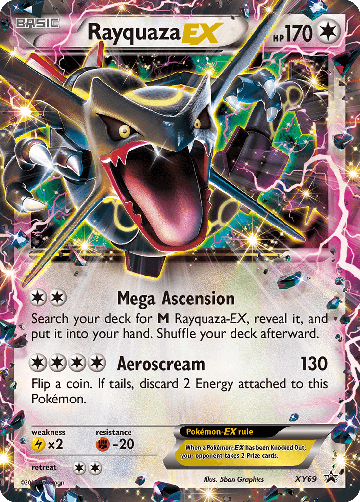 Rayquaza EX (XY69) (Shiny) [XY: Black Star Promos] card featuring Mega Ascension and Aeroscream attacks.