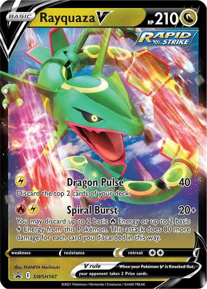 Rayquaza V (SWSH147) [Sword & Shield: Black Star Promos] trading card displaying attack details and character design.