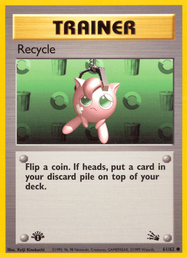 Recycle (61/62) [Fossil 1st Edition] Trainer card featuring Jigglypuff with game instructions.