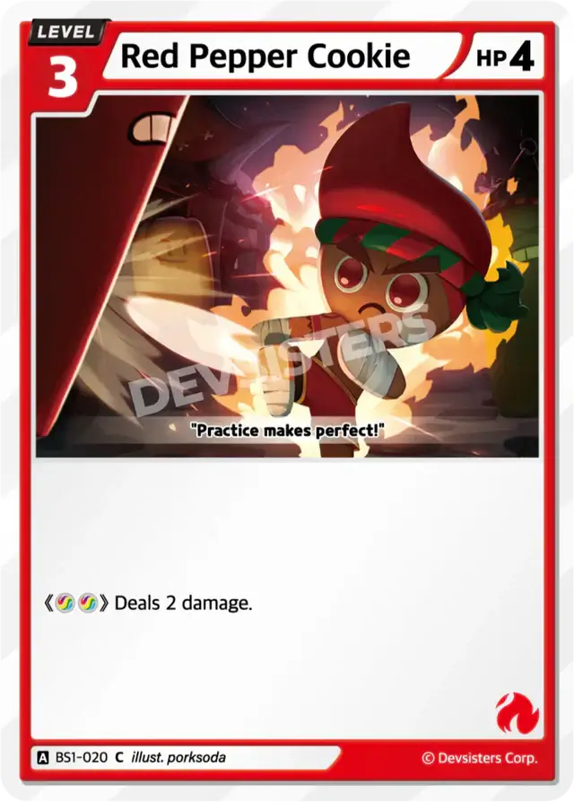 Red Pepper Cookie BS1-020 C | Common Card featuring a character dealing 2 damage in a colorful scene.