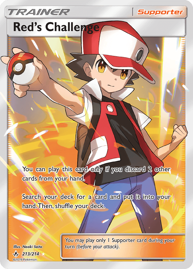 Red's Challenge (213/214) [Sun & Moon: Unbroken Bonds] Supporter card illustration featuring Trainer Red.