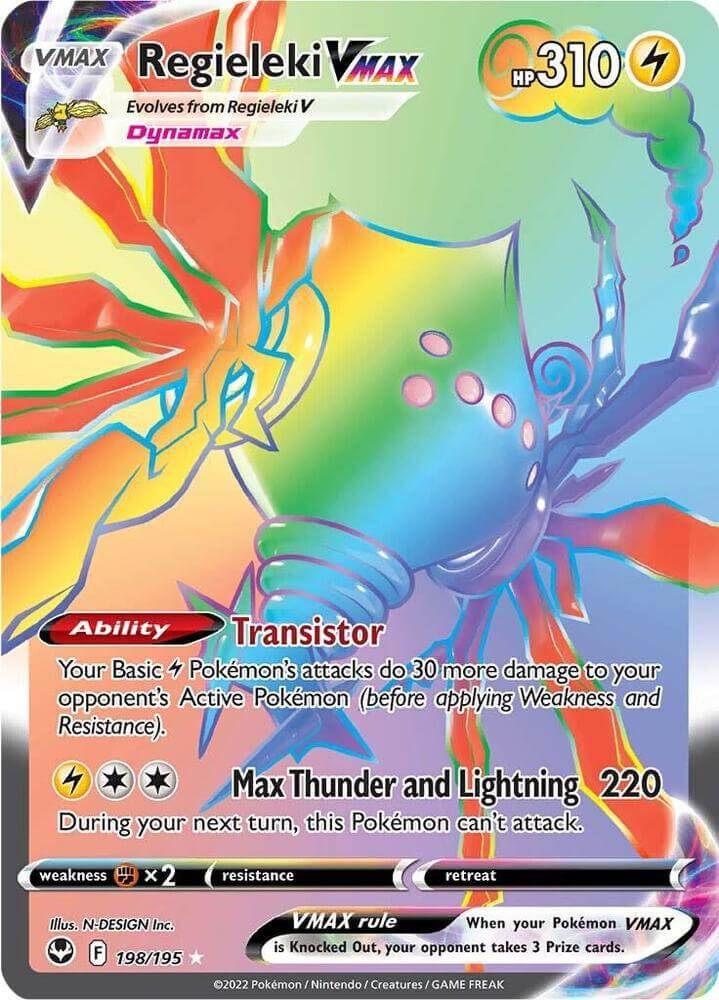 Regieleki VMAX (198/195) [Sword & Shield: Silver Tempest] card featuring vibrant artwork and lightning type attributes.