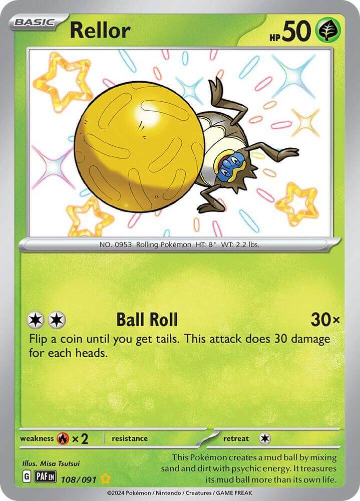 Rellor (108/091) [Scarlet & Violet: Paldean Fates] showcasing Grass type, Shiny Rare with Ball Roll attack.