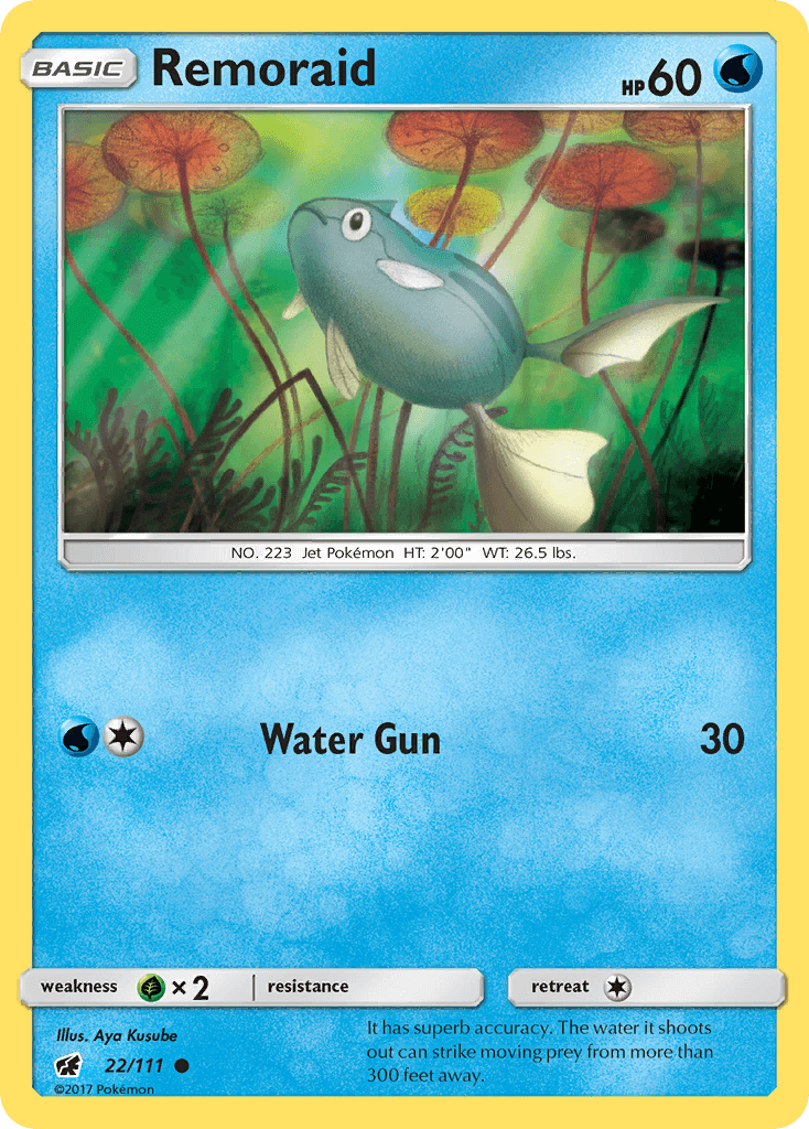 Remoraid (22/111) [Sun & Moon: Crimson Invasion] card featuring a water-type Pokémon with Water Gun attack.