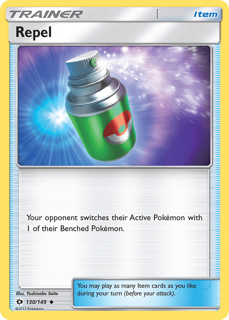 Repel (130/149) [Sun & Moon: Base Set] card featuring a trainer item bottle design.