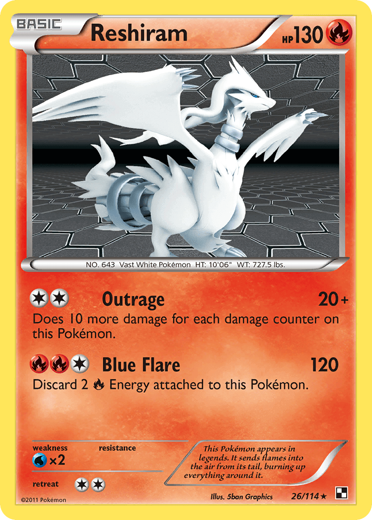 Reshiram (26/114) [Black & White: Base Set] Holo Rare Fire Pokémon card with HP 130 and attacks Outrage and Blue Flare.
