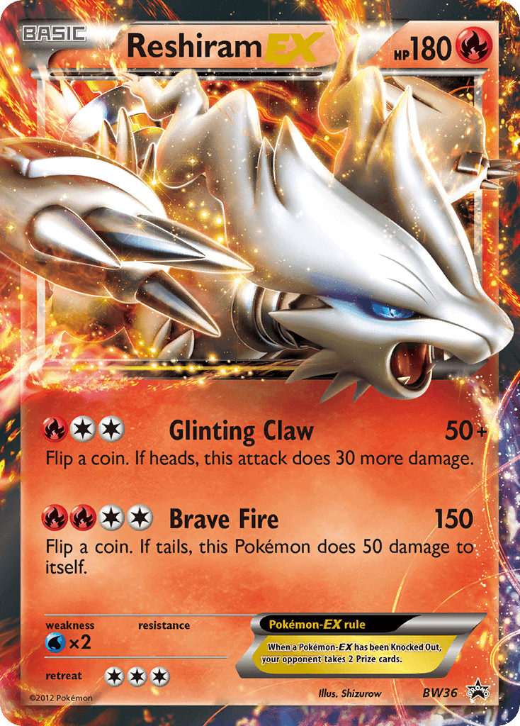 Reshiram EX (BW36) [Black & White: Black Star Promos] showcasing Glinting Claw and Brave Fire attacks.