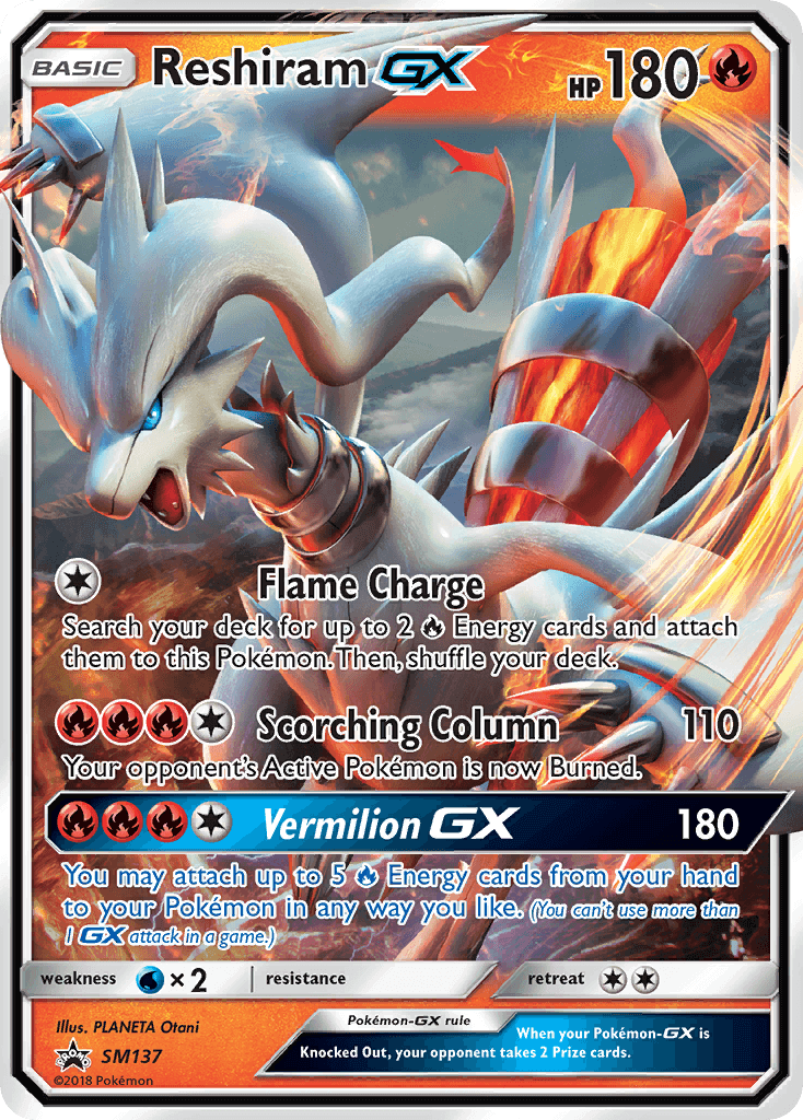 Reshiram GX (SM137) [Sun & Moon: Black Star Promos] card featuring Flame Charge and Vermilion GX moves.