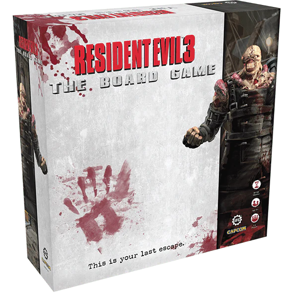 Resident Evil 3 board game box featuring Jill Valentine and Nemesis from the Capcom survival horror video game