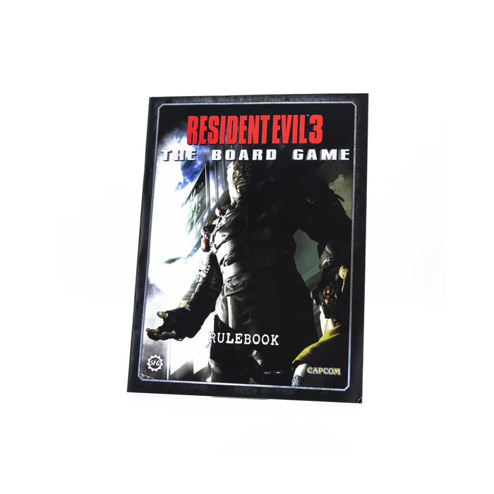 Resident Evil 3 board game player dashboards with weapons, healing items, and character cards for Jill and Carlos