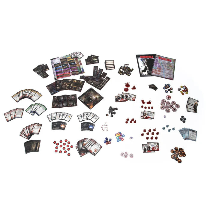 Unboxed contents of Resident Evil 3 board game including miniatures, modular map tiles, cards, tokens, and dashboards