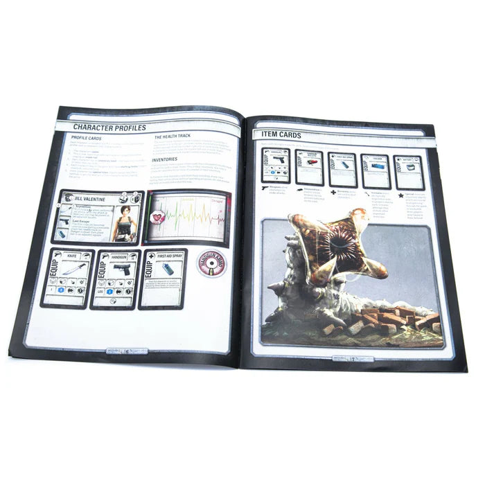 Resident Evil 3 board game player dashboards with weapons, healing items, and character cards for Jill and Carlos