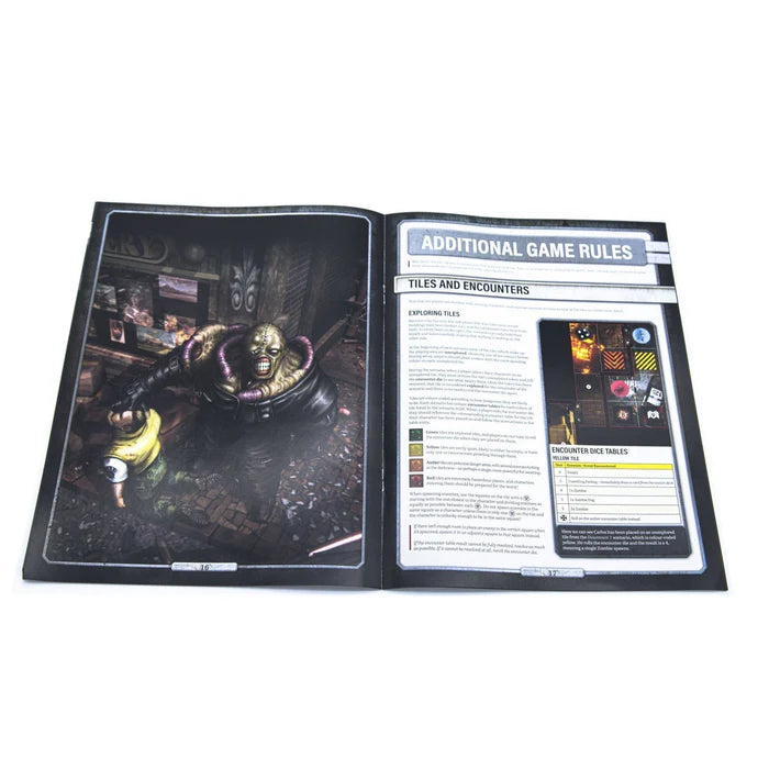 Resident Evil 3 board game player dashboards with weapons, healing items, and character cards for Jill and Carlos