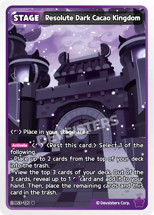 Resolute Dark Cacao Kingdom BS3-120 U | Uncommon Card showcasing card details and game instructions.