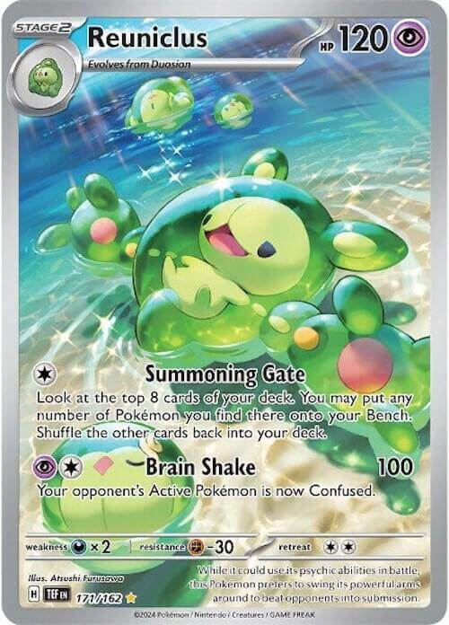 Reuniclus (171/162) [Scarlet & Violet: Temporal Forces] card with abilities like Summoning Gate and Brain Shake.