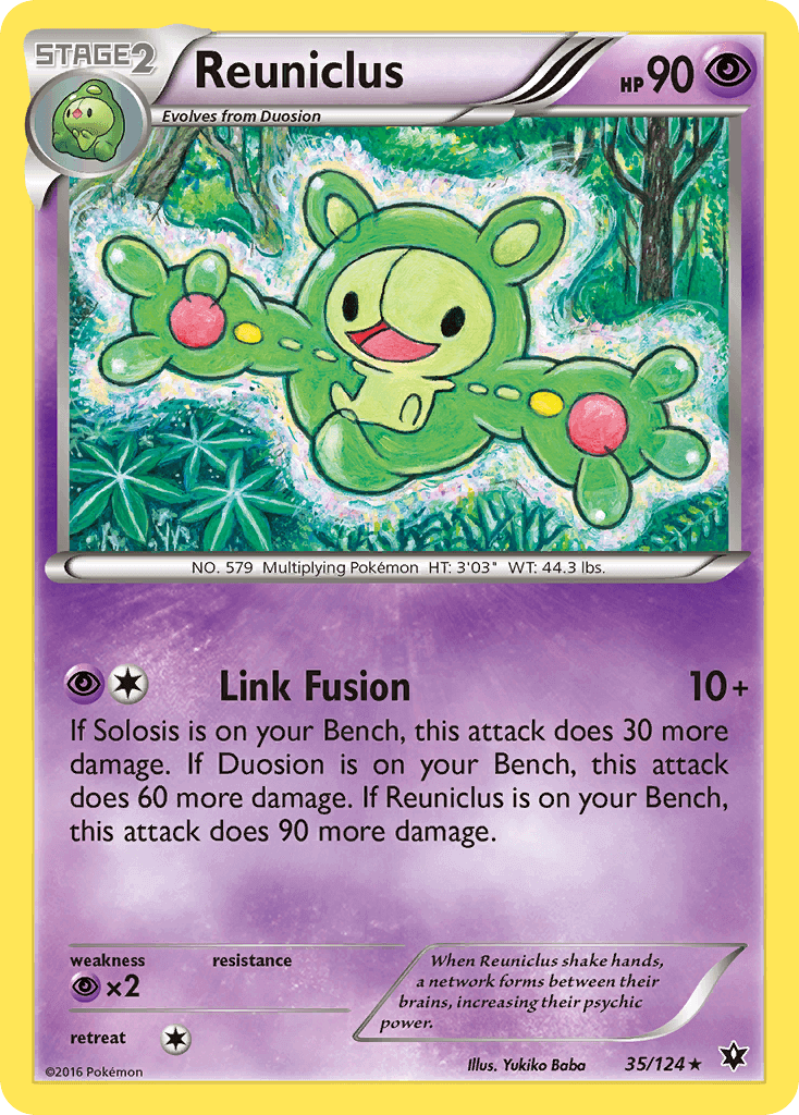Reuniclus (35/124) [XY: Fates Collide] Psychic Pokémon card featuring Link Fusion attack and vibrant artwork.