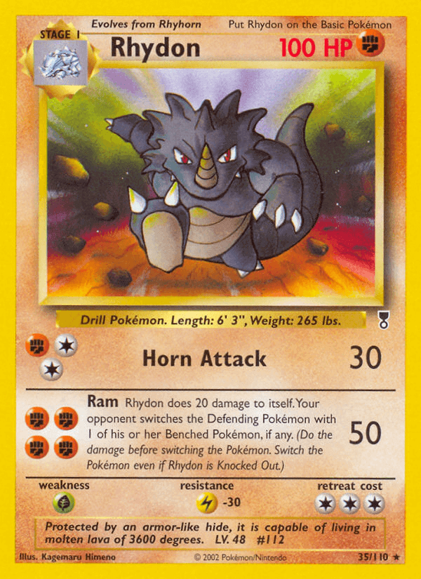 Rhydon (35/110) [Legendary Collection] card displaying HP, abilities, and rarity details.