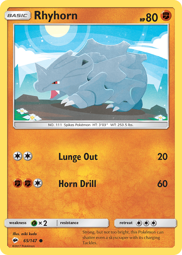 Rhyhorn (65/147) [Sun & Moon: Burning Shadows] card featuring its attacks Lunge Out and Horn Drill.