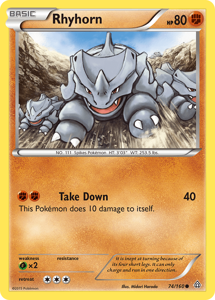Rhyhorn (74/160) [XY: Primal Clash] card showcasing its attack 'Take Down' and its fighting type.