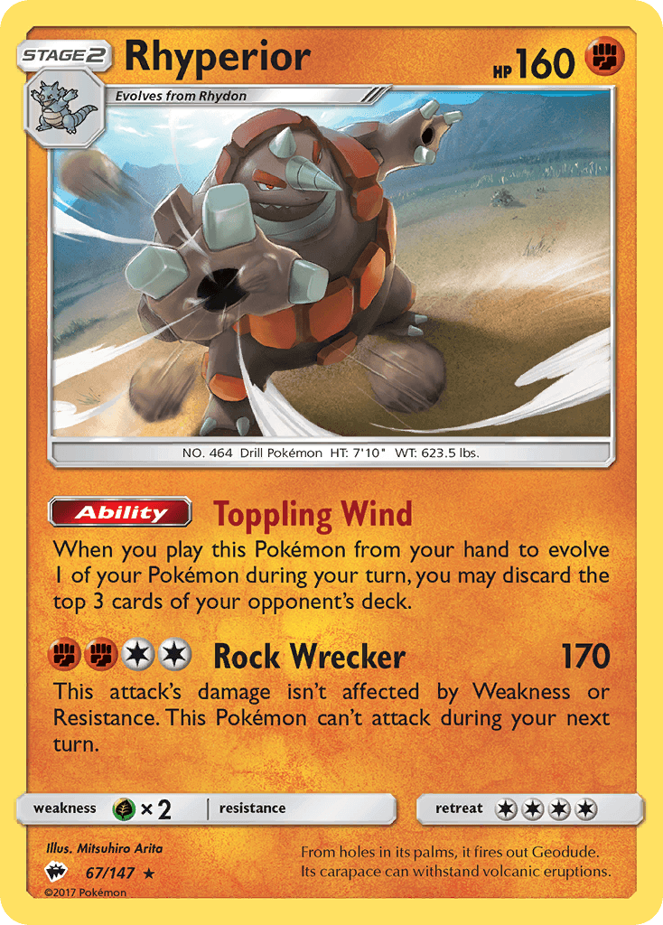 Rhyperior (67/147) [Sun & Moon: Burning Shadows] featuring its abilities and stats on a Pokemon card.