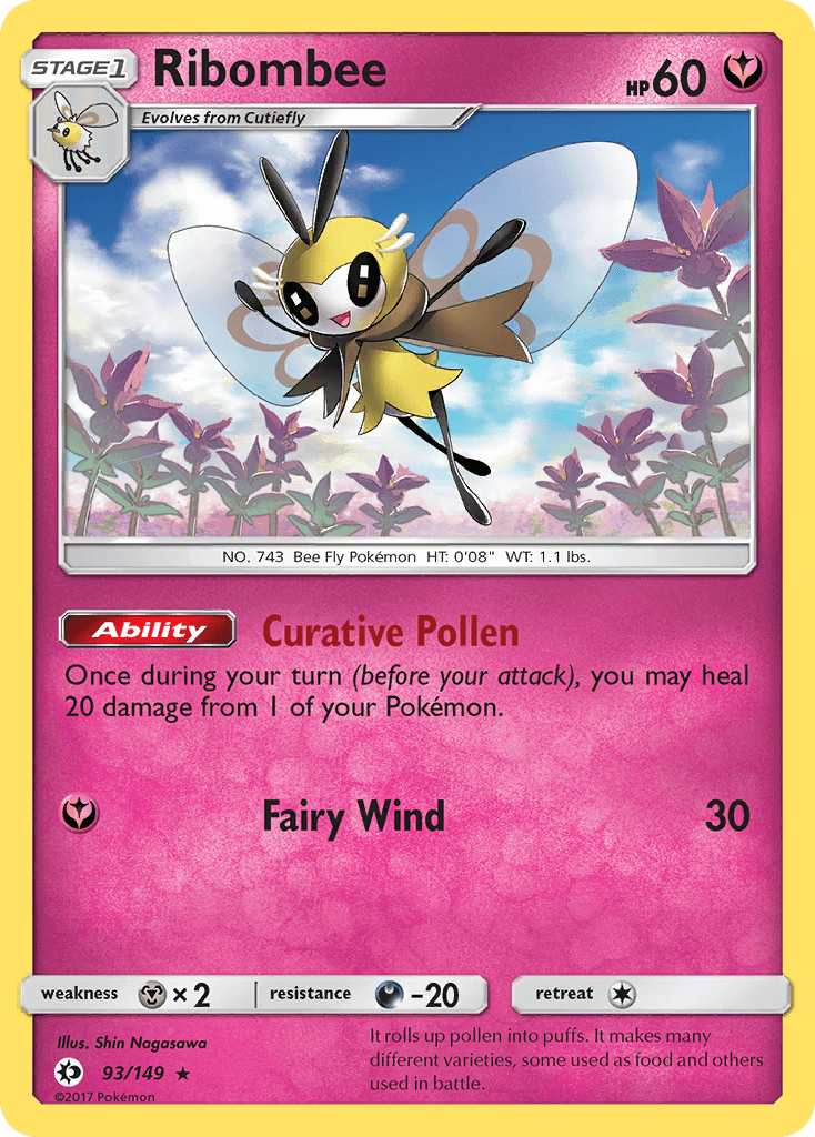 Ribombee (93/149) [Sun & Moon: Base Set] card showcasing its abilities and stats.