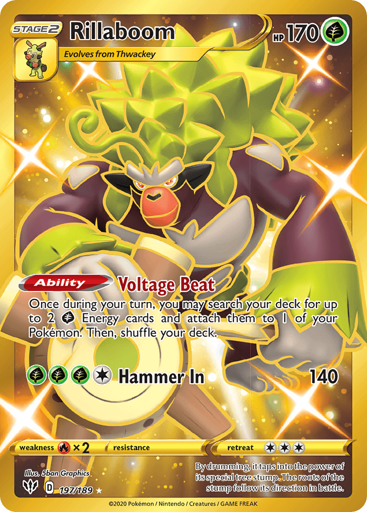 Rillaboom (197/189) [Sword & Shield: Darkness Ablaze] card featuring Ability Voltage Beat and Hammer In attack.