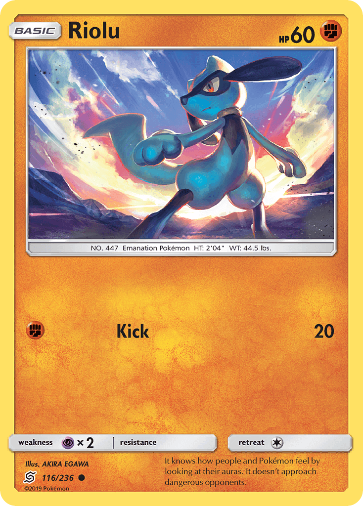 Riolu (116/236) [Sun & Moon: Unified Minds] card featuring Riolu performing a kick against a vibrant background.
