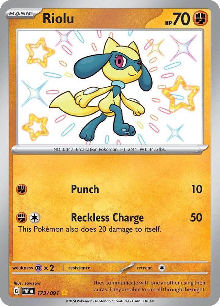 Riolu (173/091) [Scarlet & Violet: Paldean Fates] shiny rare Pokémon card featuring its abilities.