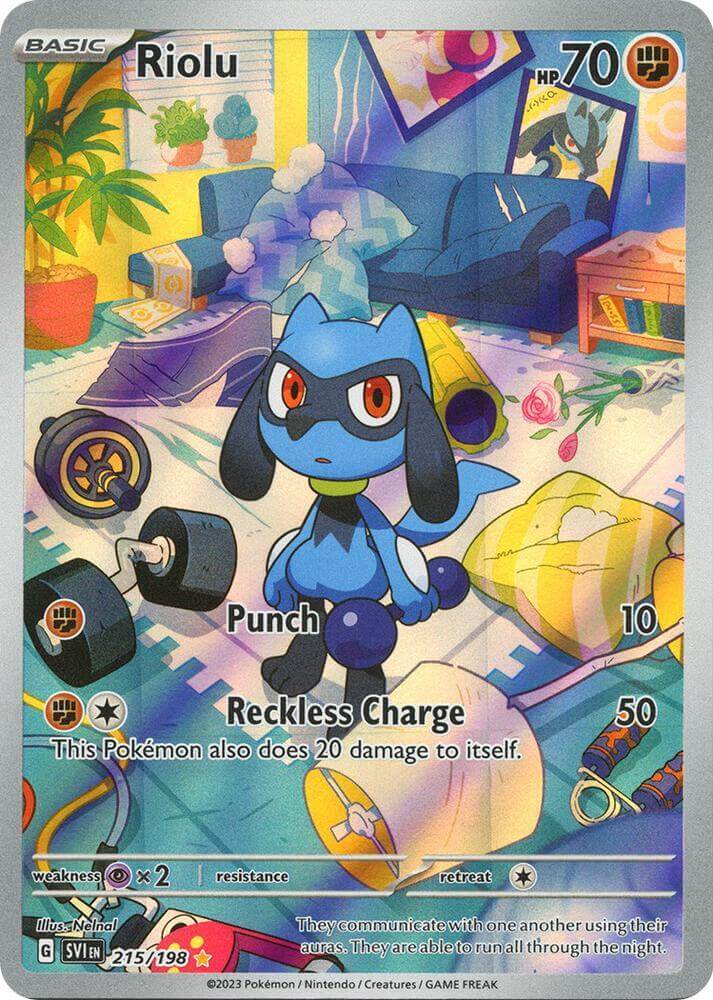 Riolu (215/198) [Scarlet & Violet: Base Set] featuring a playful character in a colorful setting with exercise equipment.