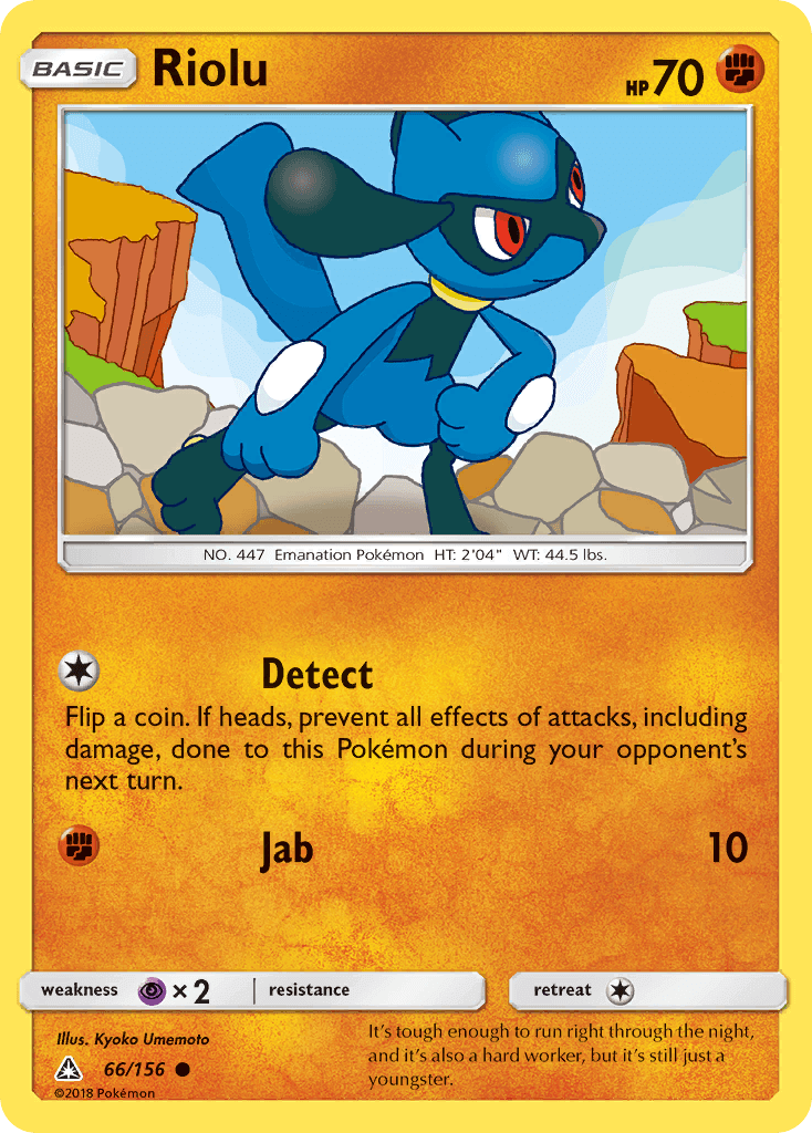 Riolu (66/156) [Sun & Moon: Ultra Prism] card featuring a blue Pokémon with HP 70, known for its Fighting type.