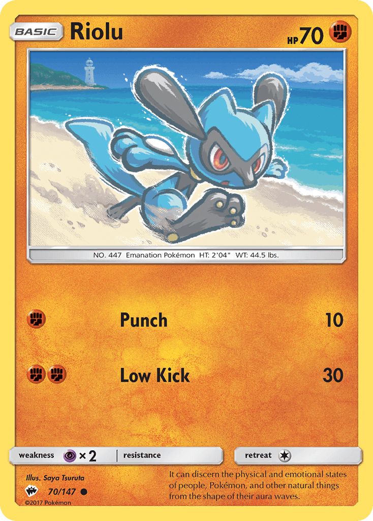 Riolu (70/147) [Sun & Moon: Burning Shadows] card showing the Fighting type Pokémon in action by the beach.