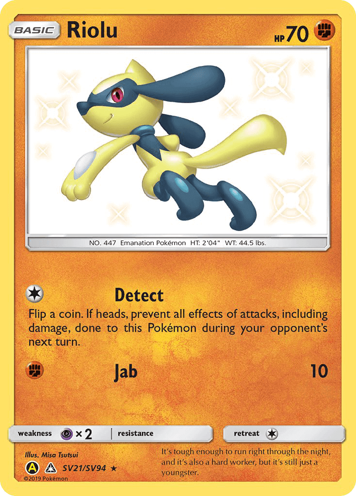 Riolu (SV21/SV94) [Sun & Moon: Hidden Fates - Shiny Vault] card featuring HP and moves.