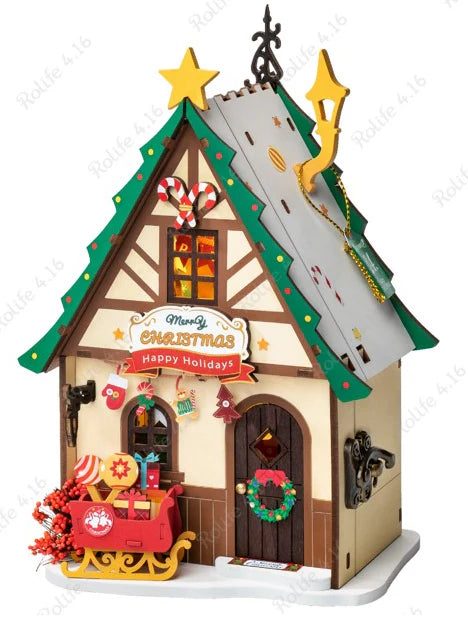 Robotime Twinkling Christmas House – DIY 3D Wooden Miniature Model Kit | DIY Craft Kit for Adults & Teens