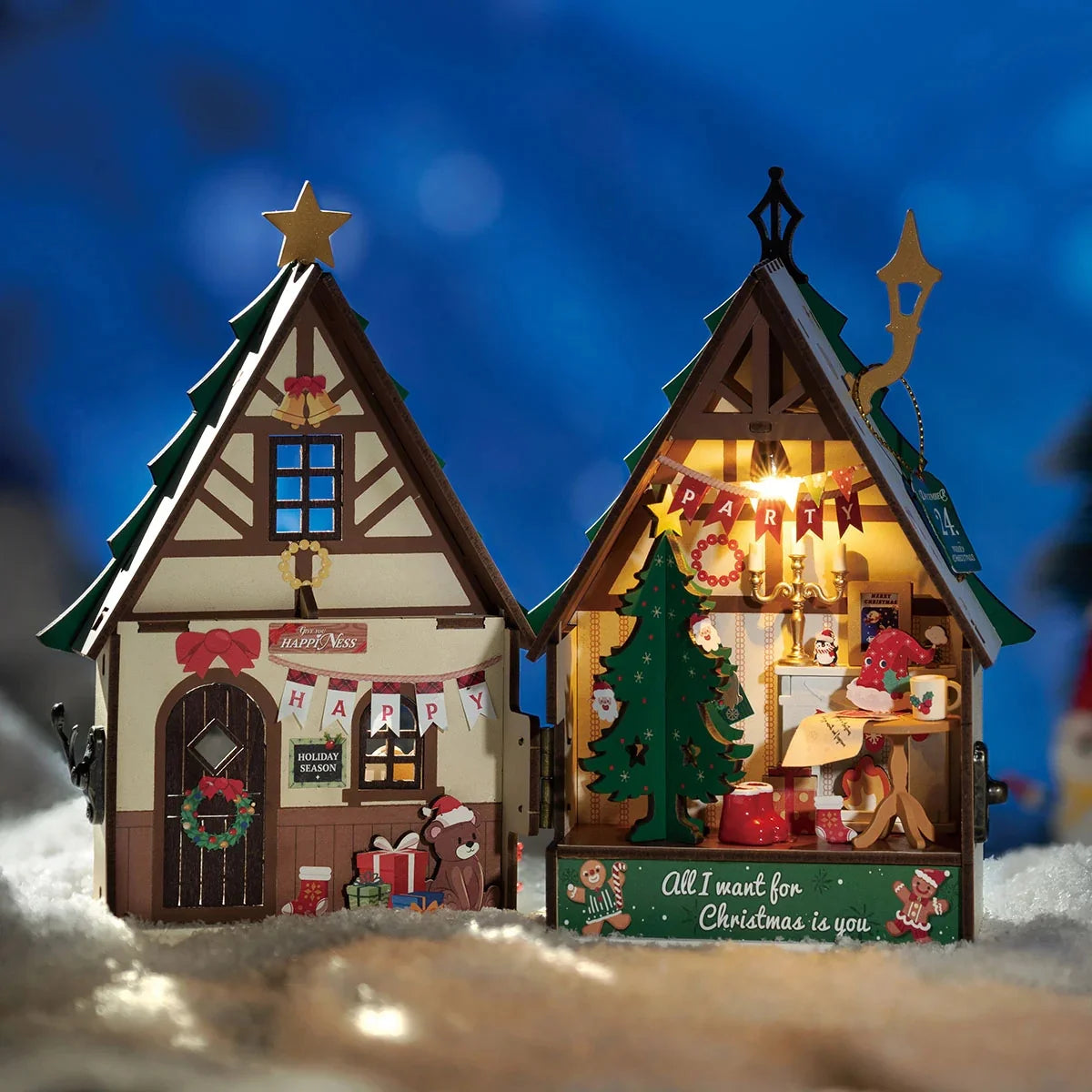 Robotime Twinkling Christmas House – DIY 3D Wooden Miniature Model Kit | DIY Craft Kit for Adults & Teens displayed beautifully.