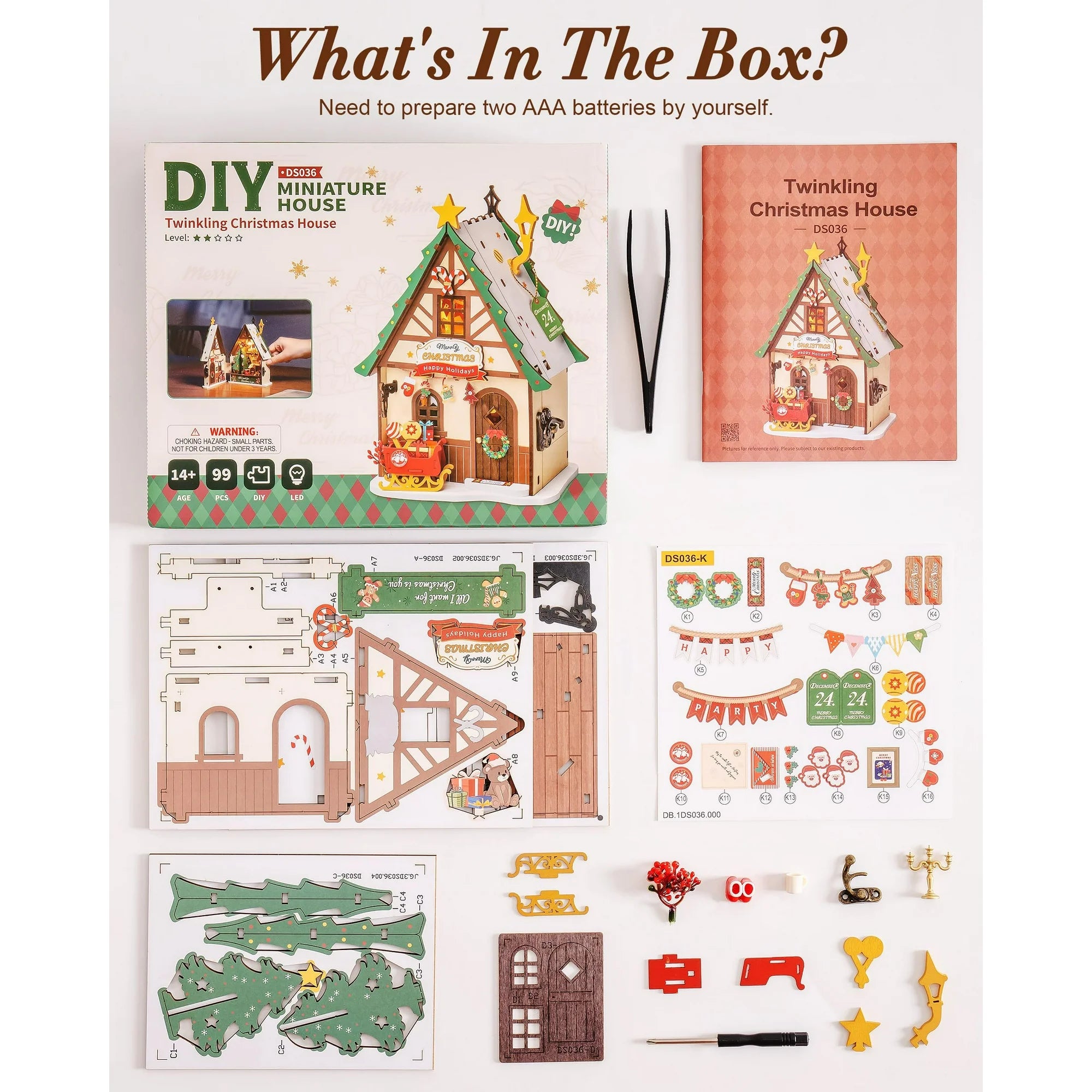 Robotime Twinkling Christmas House – DIY 3D Wooden Miniature Model Kit | DIY Craft Kit for Adults & Teens components and packaging overview.