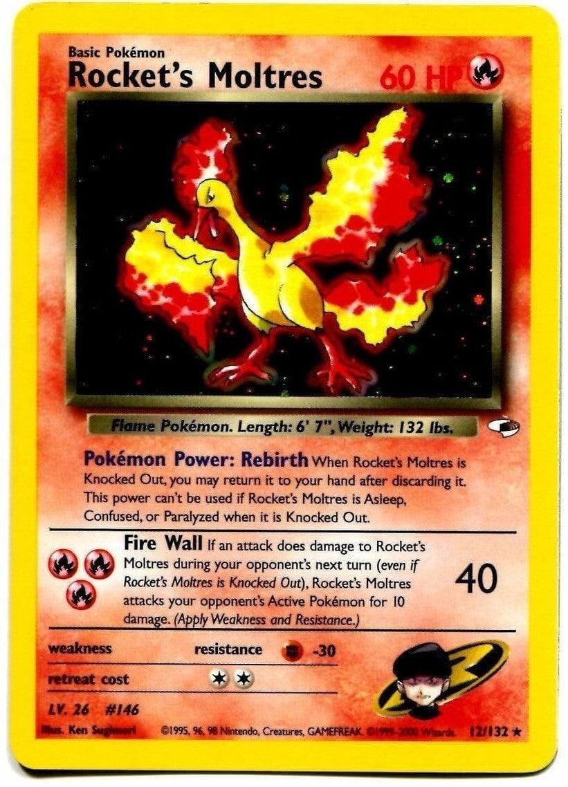 Rocket's Moltres (12/132) [Gym Heroes Unlimited] featuring the Fire Pokémon with its abilities and stats.