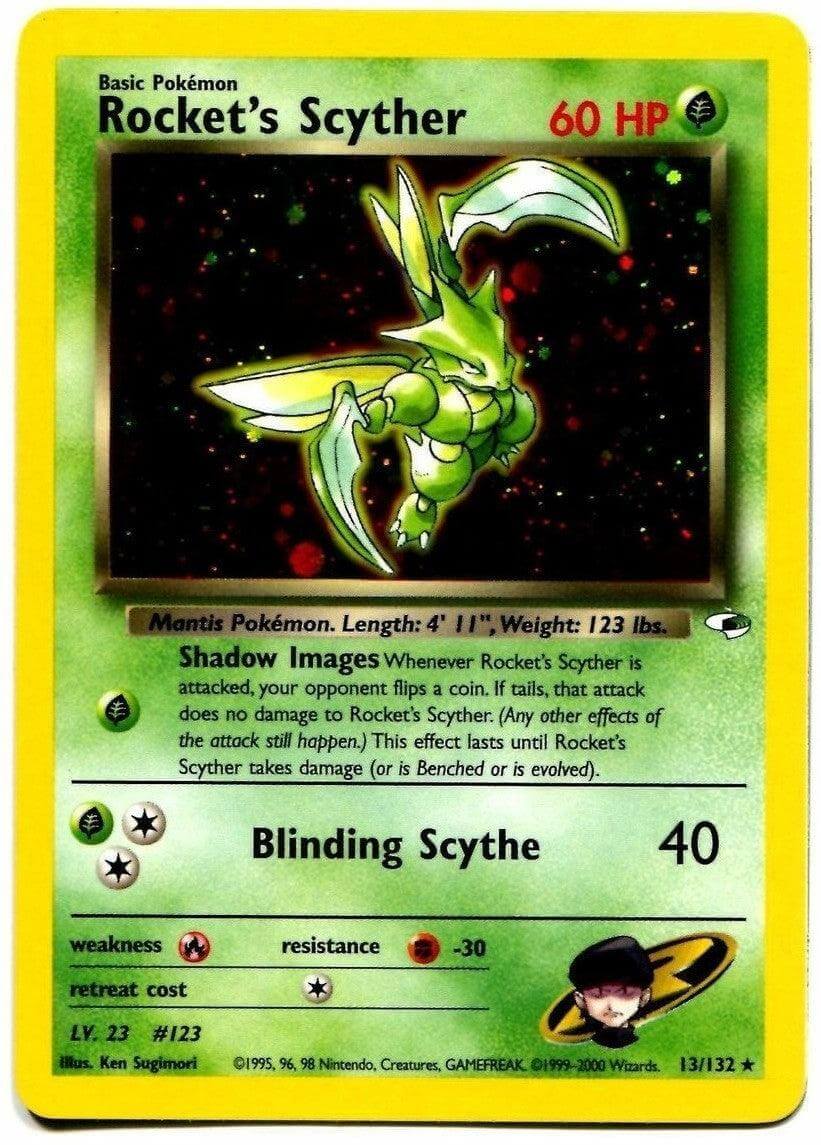 Rocket's Scyther (13/132) [Gym Heroes Unlimited] Pokémon card showcasing Grass type Holo Rare with attack details.