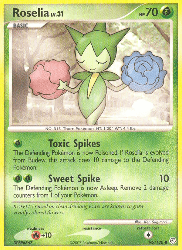 Roselia (96/130) [Diamond & Pearl: Base Set] featuring a grass-type Pokémon with pink and blue flowers.