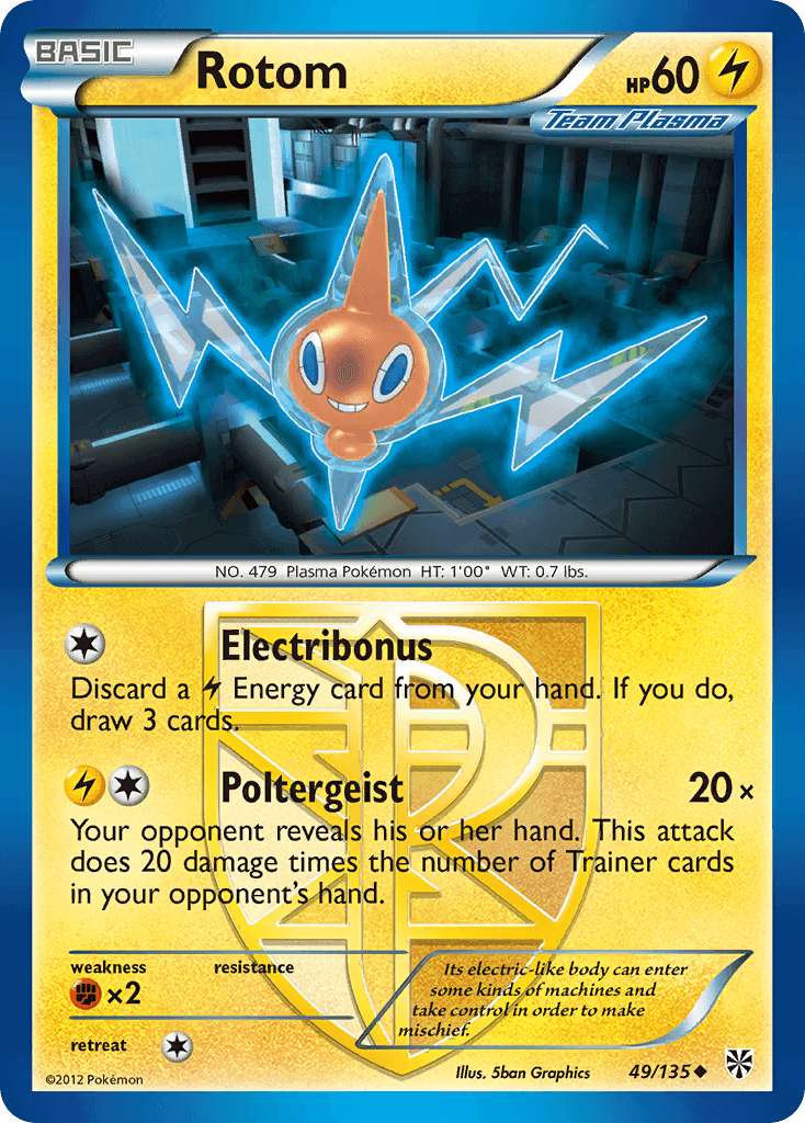 Rotom (49/135) [Black & White: Plasma Storm] card featuring its abilities and rarity.